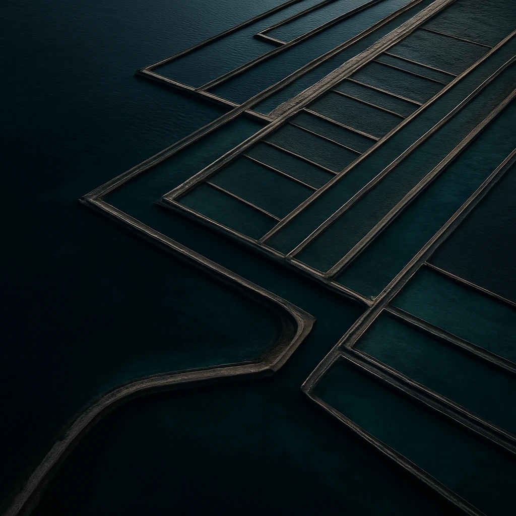 Structured aerial terrain with clean golden gridlines in deep teal — The Matchbox web development brand image